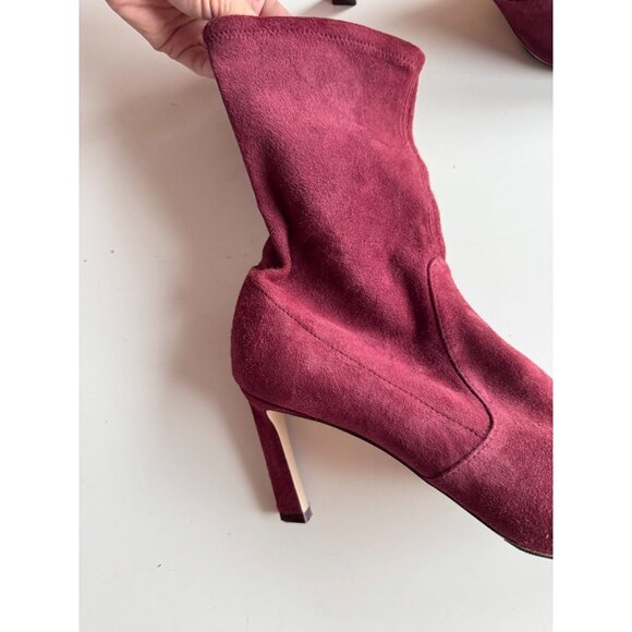 STUART WEITZMAN Rapture 75mm Maroon Suede Sock Bootie Ankle Boots, Size 10 - Picture 2 of 15